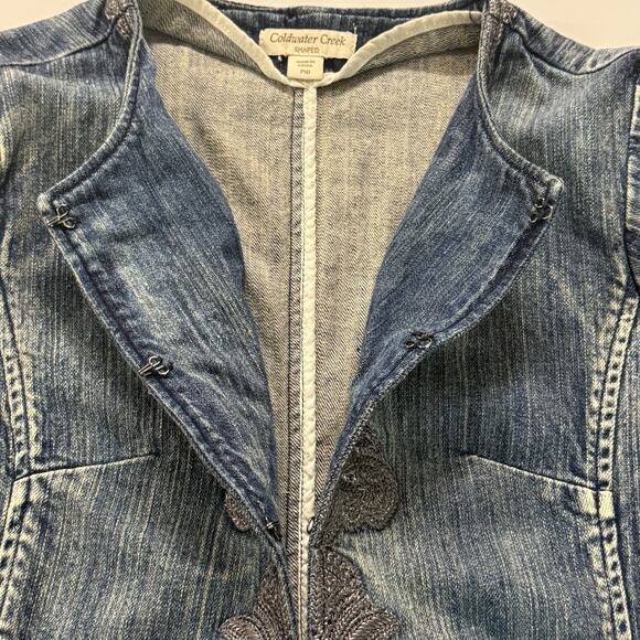 Coldwater Creek Jacket 10 Petite Blue Denim Embroidered Hook & Eye Closure - Picture 6 of 12